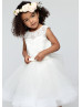 Ivory Lace Tulle Pearl Buttons Back Tea Length Flower Girl Dress